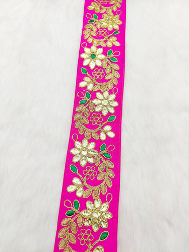 Fuchsia Pink Art Silk Fabric Trim, Green & Gold Floral Embroidery Gota Patti Indian Sari Border Trim By Yard Decorative Trim Craft Lace